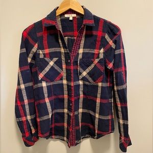 Skies Are Blue Women’s Red, Blue & Cream Plaid Cotton Long Sleeve Shirt Size M
